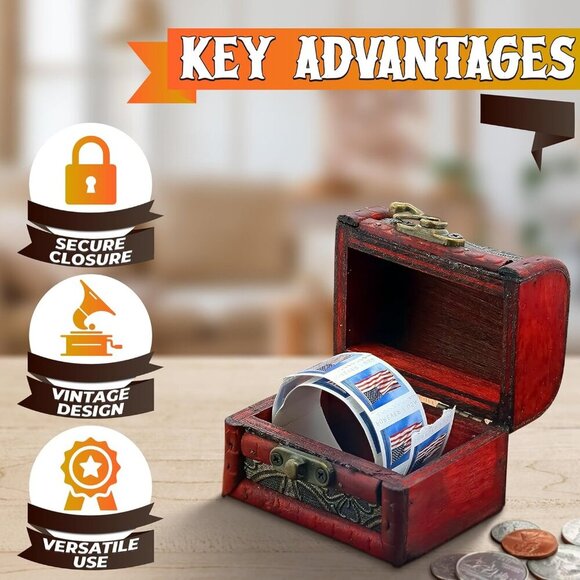 Small Wooden Treasure Chest Box with Lid Decorative Mini Jewelry Storage Box - Picture 4 of 10